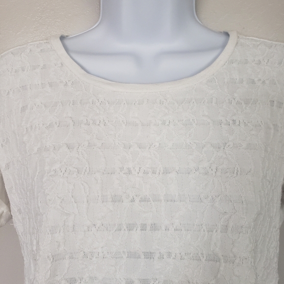White Short Sleeve Lace Overlay Stripes Medium - Picture 6 of 6